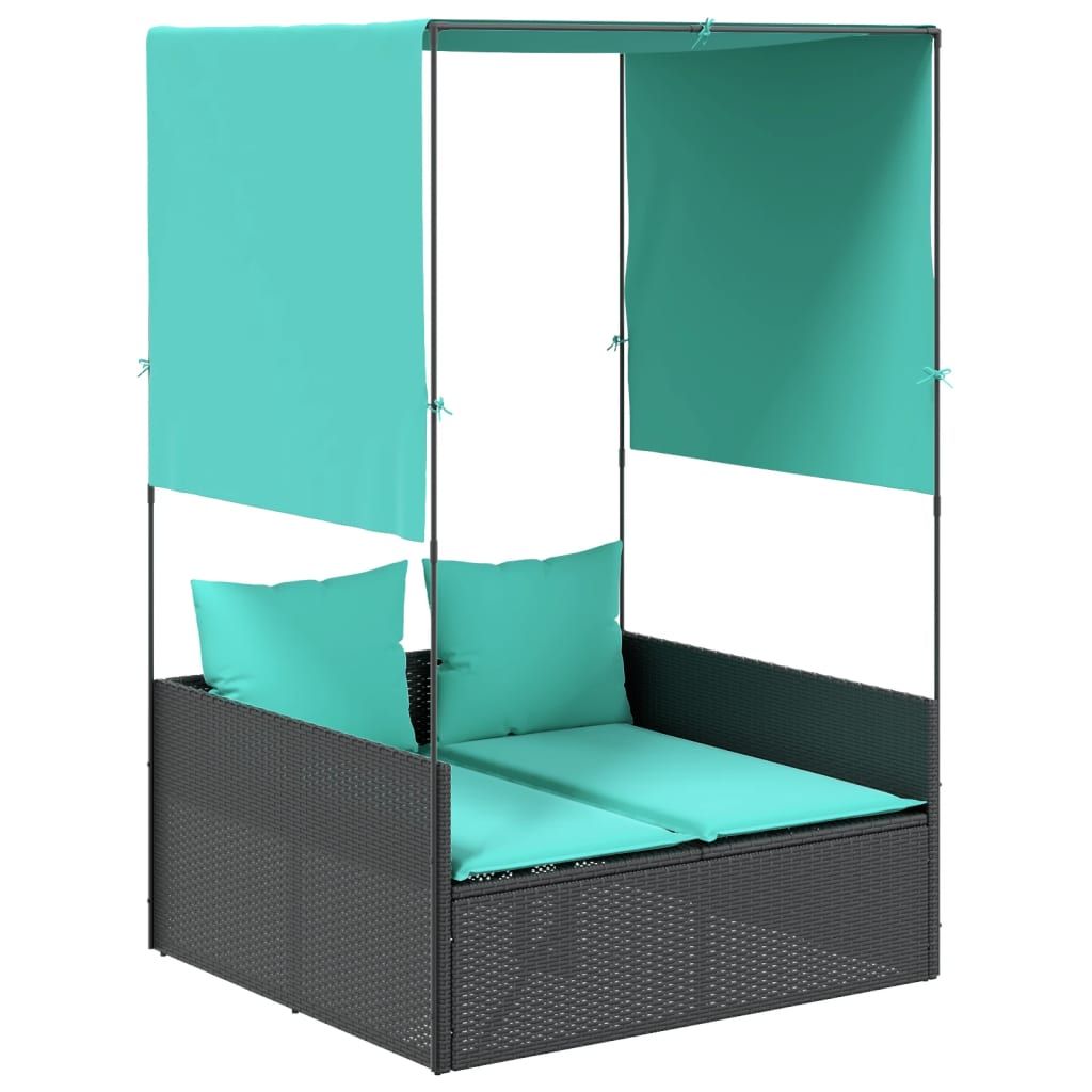 vidaXL Double Sun Lounger with Roof and Curtains Black Poly Rattan