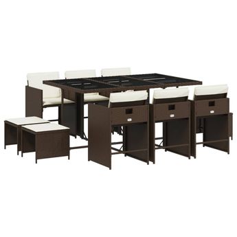 vidaXL 11 Piece Patio Dining Set with Cushions Brown Poly Rattan