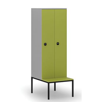Dřevěná šatní skříňka S4 s lavičkou, 2 oddíly, 1871 x 600 x 500/800 mm, demont, RFID zámek, šedá/zelená