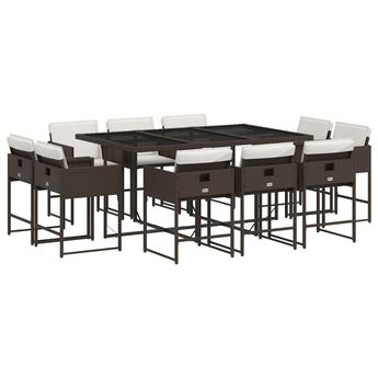 vidaXL 11 Piece Patio Dining Set with Cushions Brown Poly Rattan