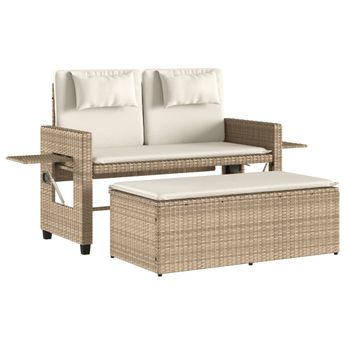 vidaXL Reclining Patio Bench with Cushions Beige Poly Rattan