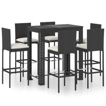 vidaXL 7 Piece Patio Bar Set with Cushions Poly Rattan Black