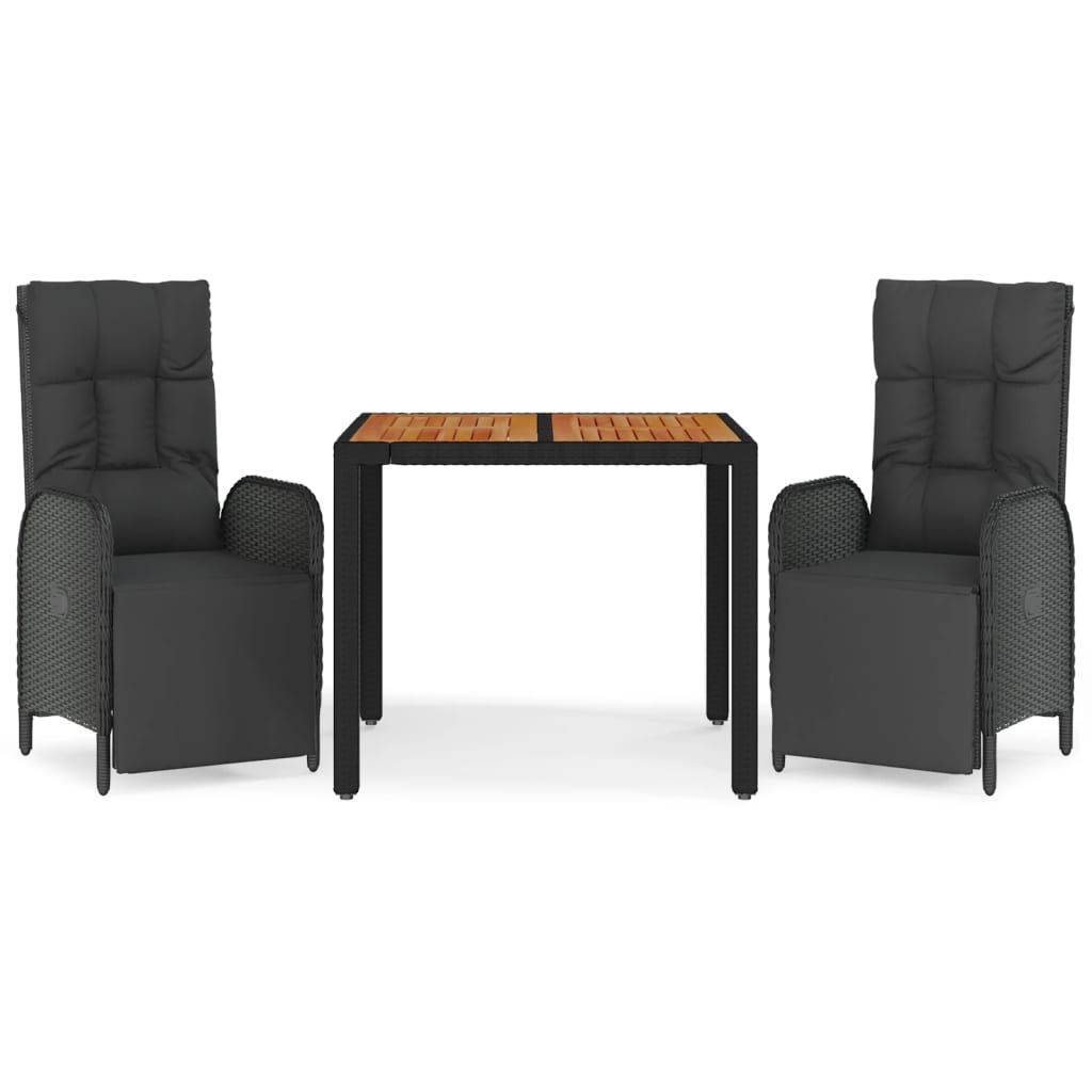 vidaXL 3 Piece Garden Dining Set with Cushions Black Poly Rattan
