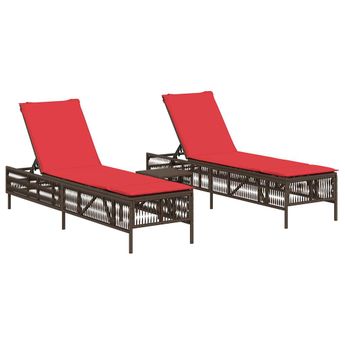 vidaXL Sun Loungers 2 pcs with Table Brown Poly Rattan