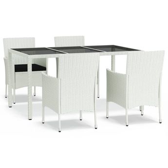 vidaXL 5 Piece Garden Dining Set with Cushions White Poly Rattan