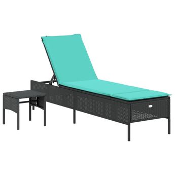 vidaXL Sun Lounger with Table and Cushion Black Poly Rattan