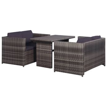 vidaXL 3 Piece Bistro Set Poly with Cushions Rattan Grey