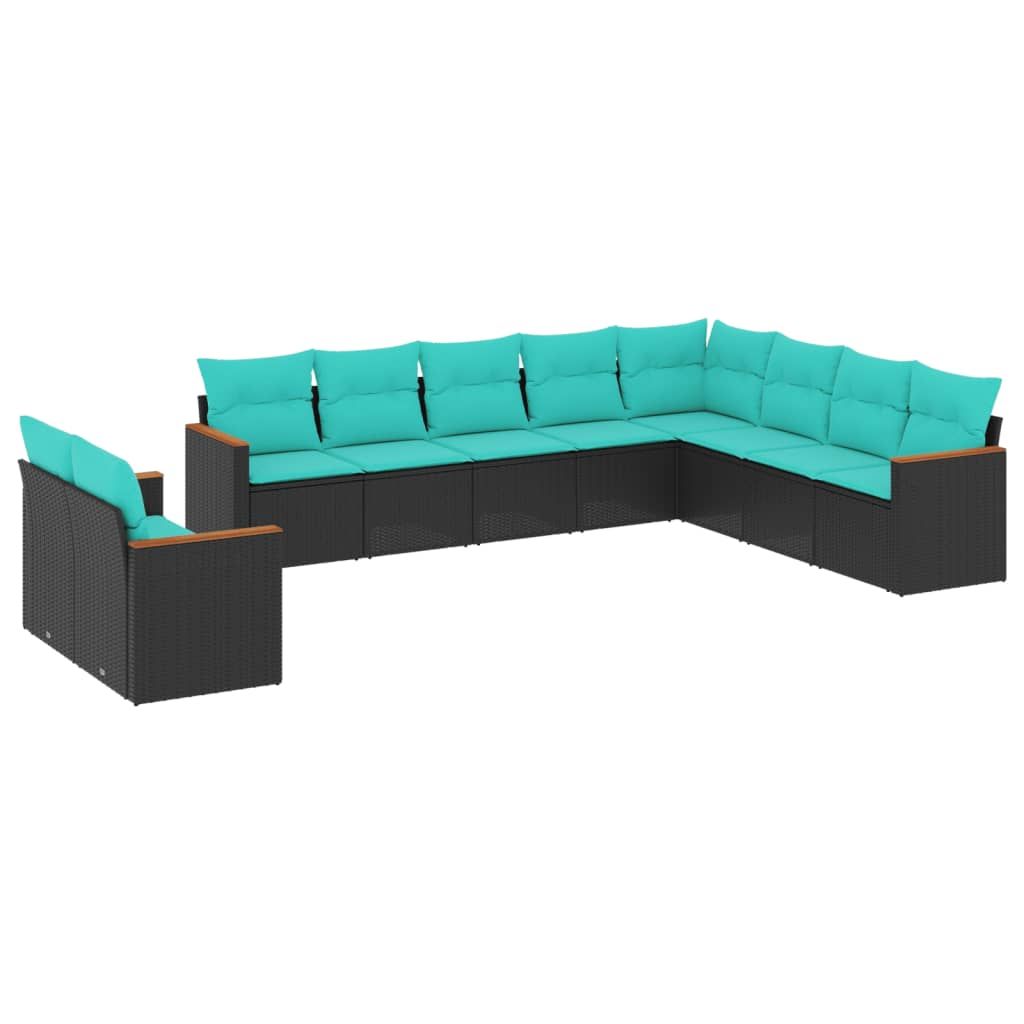 vidaXL 10 Piece Garden Sofa Set with Cushions Black Poly Rattan
