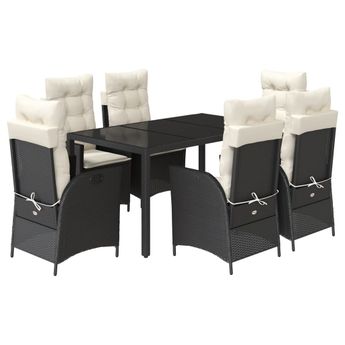 vidaXL 7 Piece Garden Dining Set with Cushions Black Poly Rattan