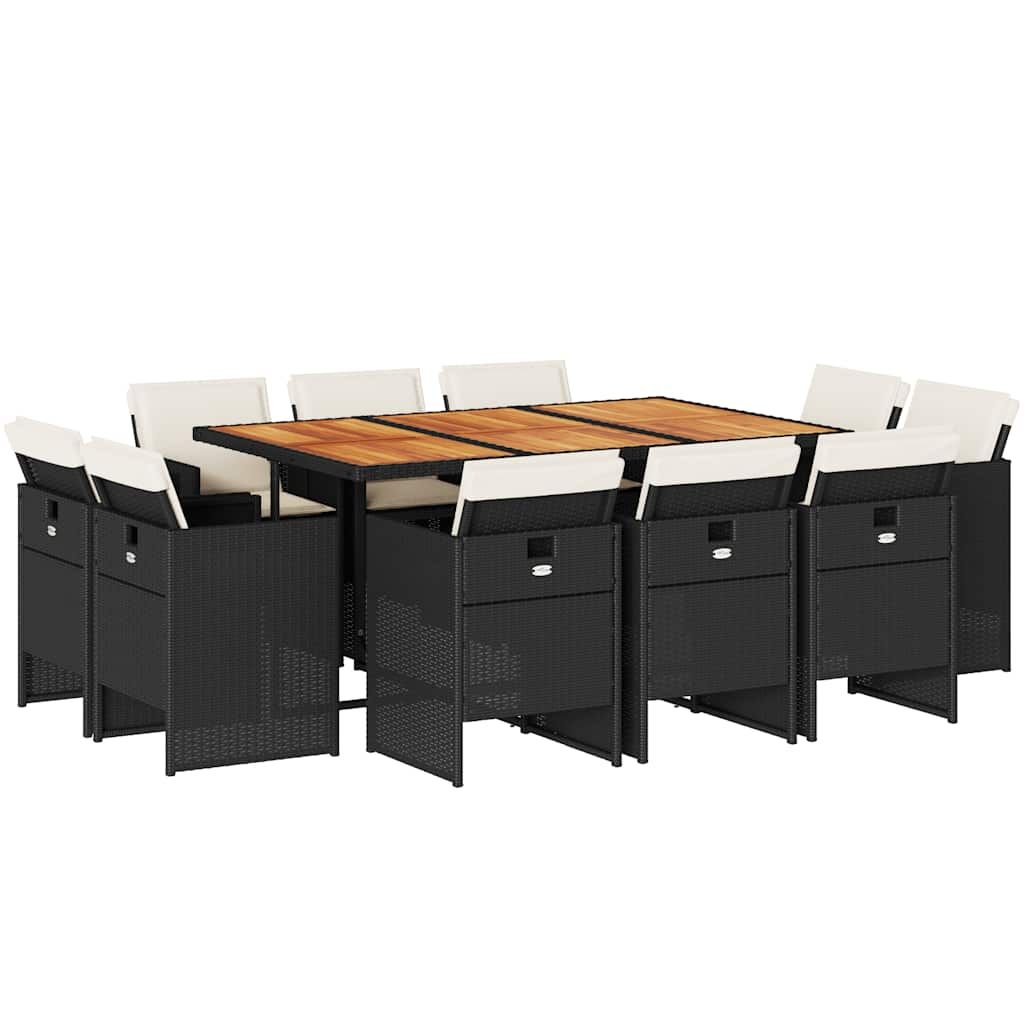vidaXL 11 Piece Patio Dining Set with Cushions Black Poly Rattan