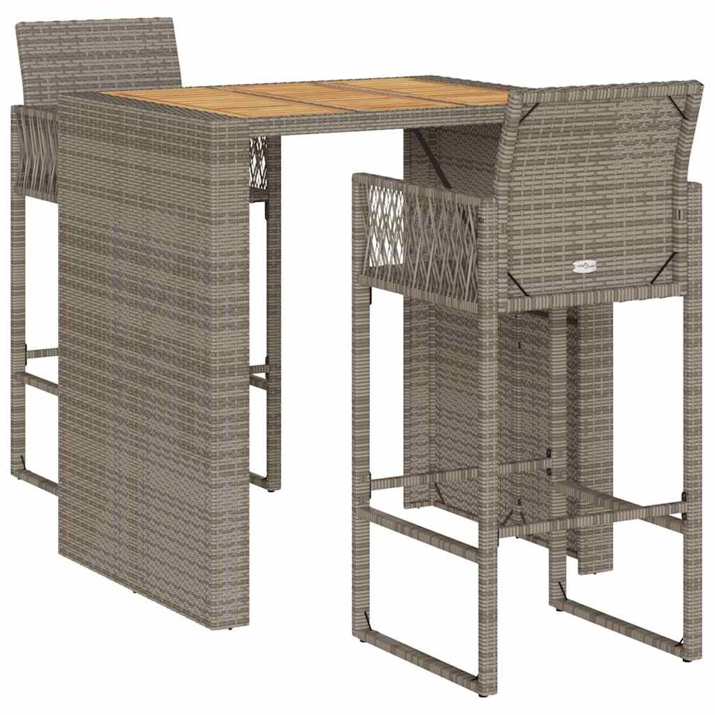 vidaXL 3 Piece Patio Bar Set without Cushions Gray Poly Rattan Acacia