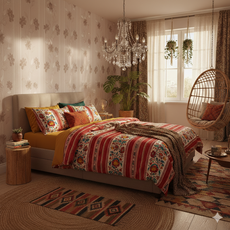 A designer bedroom with a folkloric touch