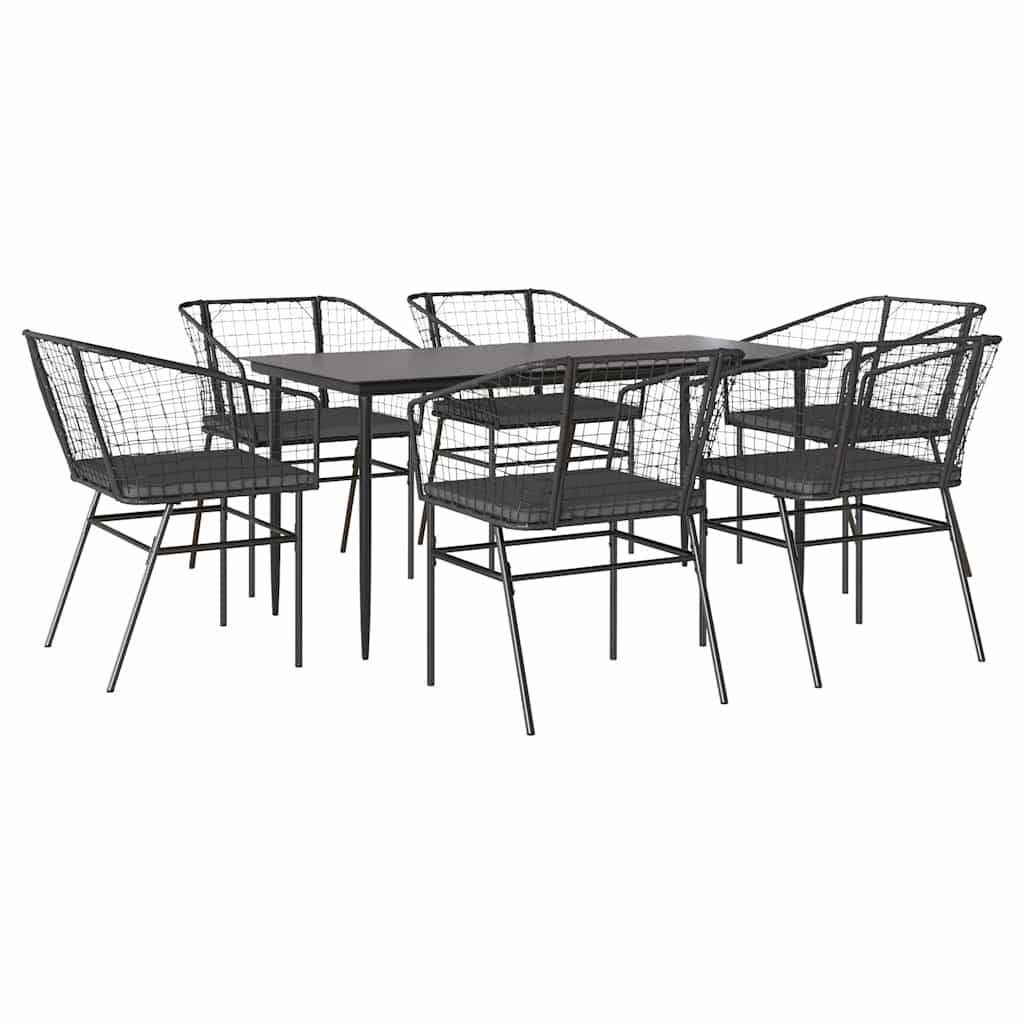 vidaXL 7 Piece Garden Dining Set with Cushions Black Poly Rattan Glass