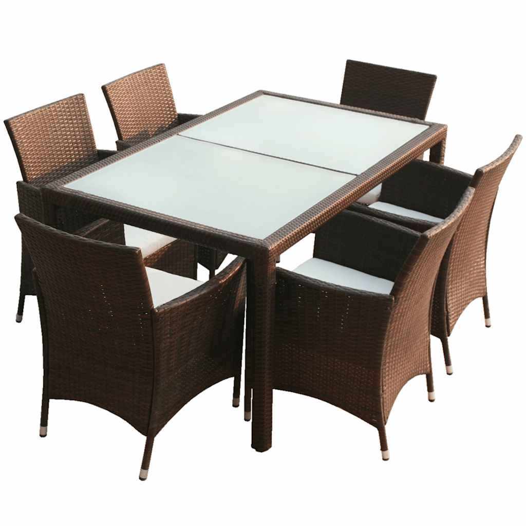 vidaXL 7 Piece Patio Dining Set with Cushions Poly Rattan Brown