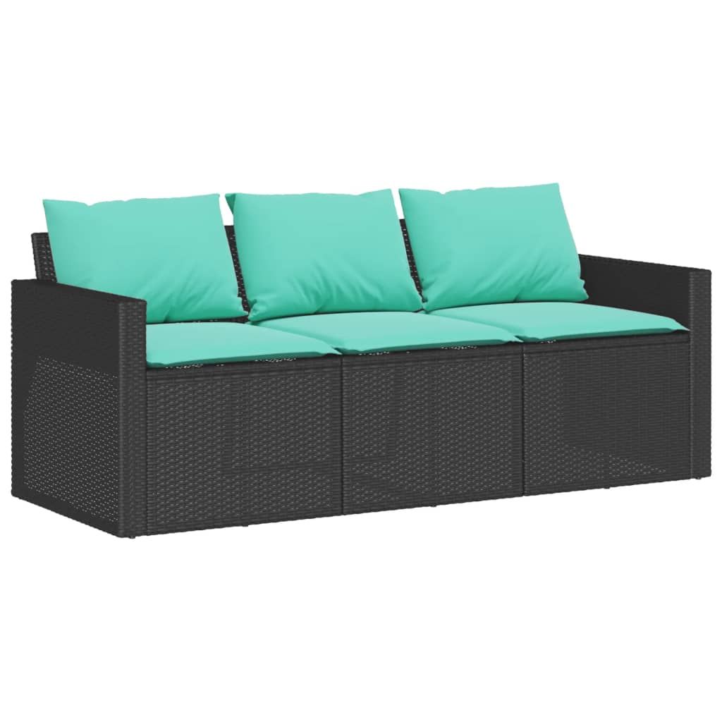 vidaXL Patio Sofa with Cushions 3-Seater Black Poly Rattan