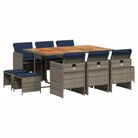 vidaXL 11 Piece Garden Dining Set with Cushions Grey Poly Rattan