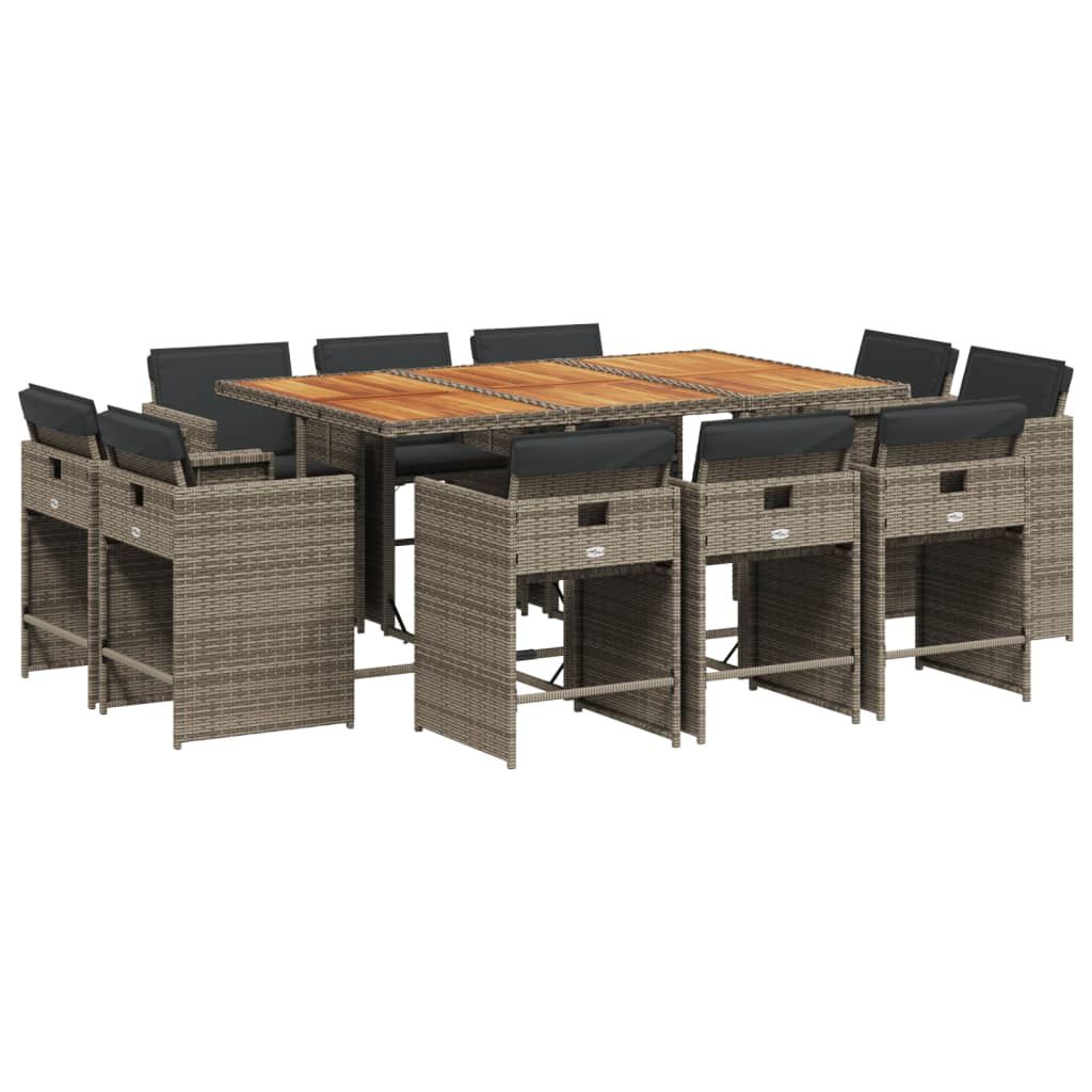 vidaXL 11 Piece Patio Dining Set with Cushions Gray Poly Rattan