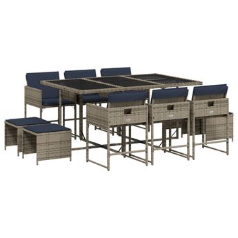 vidaXL 11 Piece Garden Dining Set with Cushions Grey Poly Rattan