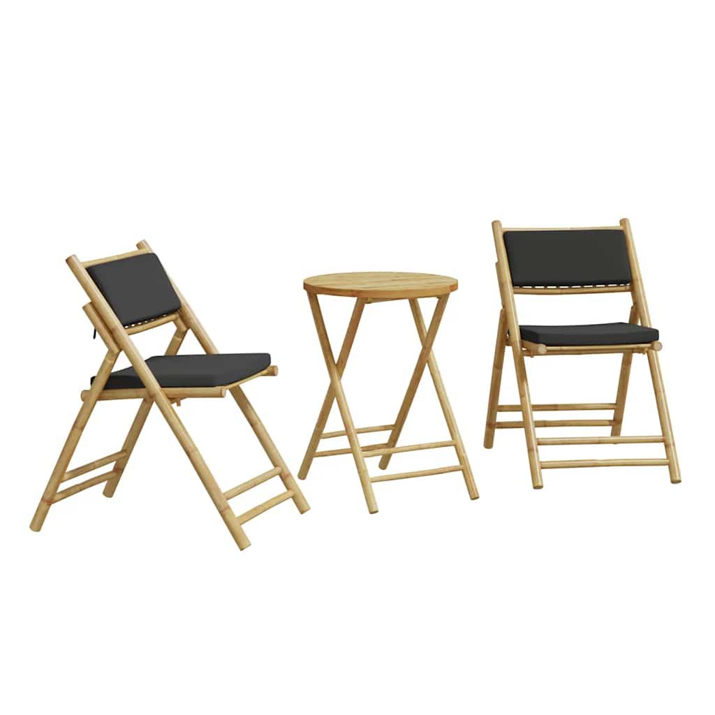 vidaXL 3 Piece Folding Bistro Set with Dark Gray Cushions Bamboo