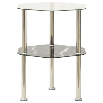 vidaXL 2-Tier Side Table Transparent & Black Marble 15"x15"x19.7" Tempered Glass