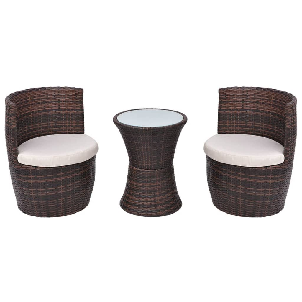 vidaXL 3 Piece Bistro Set with Cushions Poly Rattan Brown