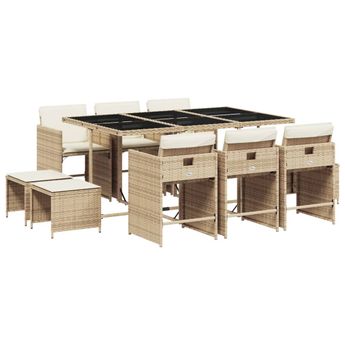 vidaXL 11 Piece Patio Dining Set with Cushions Beige Poly Rattan