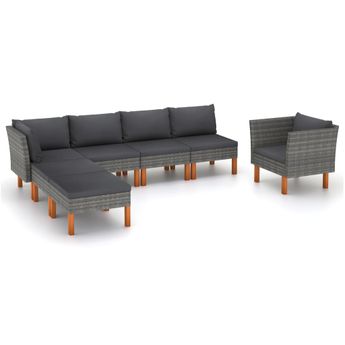 vidaXL 7 Piece Patio Lounge Set Poly Rattan and Eucalyptus Wood Gray