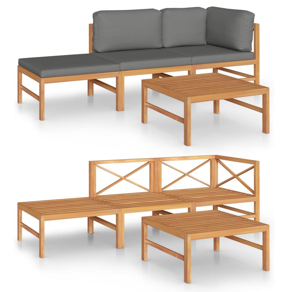 vidaXL 4 Piece Patio Lounge Set with Gray Cushions Solid Teak Wood