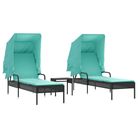 vidaXL Sun Loungers 2 pcs with Canopies and Table Black Poly Rattan