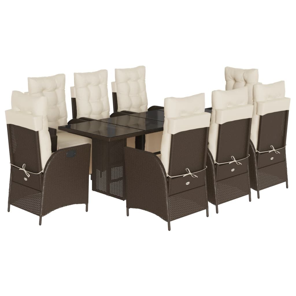 vidaXL 9 Piece Garden Dining Set with Cushions Brown Poly Rattan